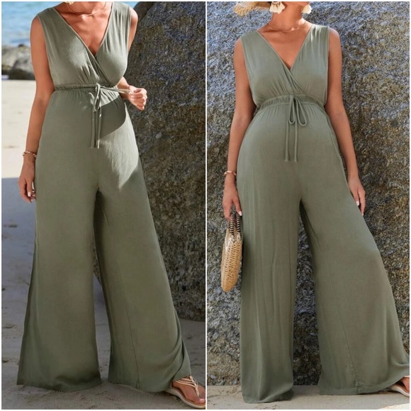 Maternity Surplice Sleeveless Wide Leg Jumpsuit - Picture 4 of 5